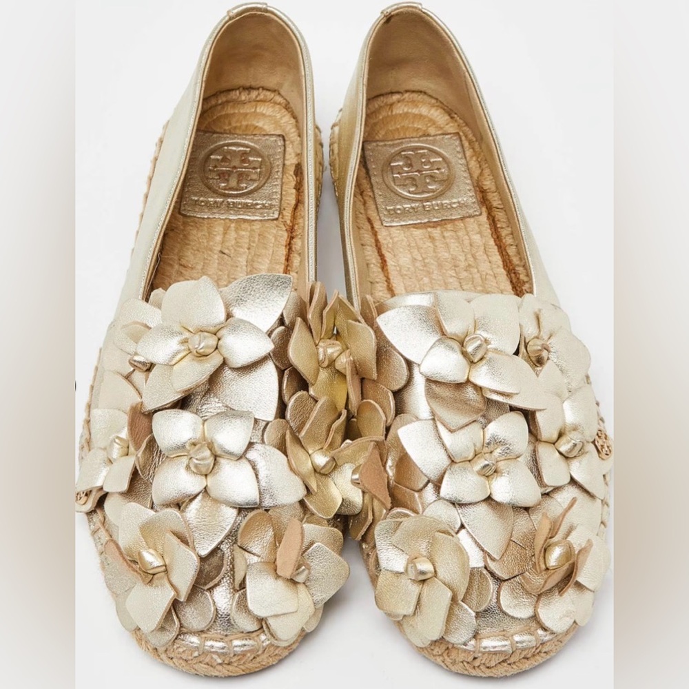 *SOLD*| Tory Burch Metallic Leather Floral Blossom Espadrilles w Box